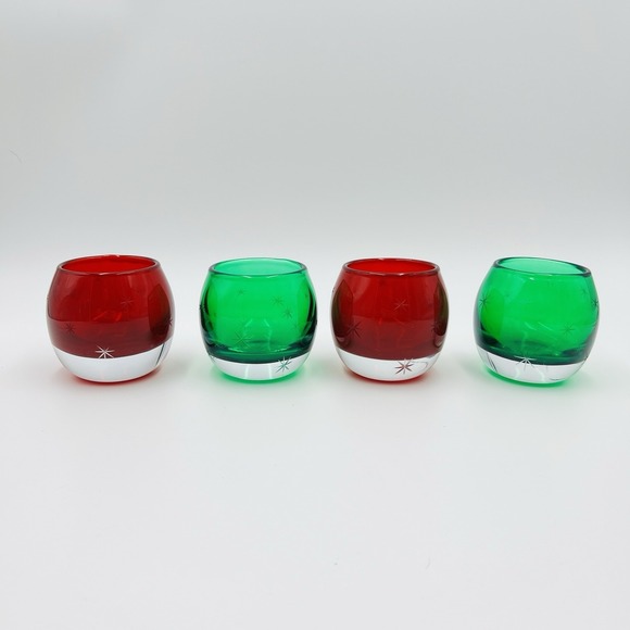 ArtGlass Other - Votive Holder Set Etched Starburst Red‎ Green Glass Hand Blown Poland Christmas
